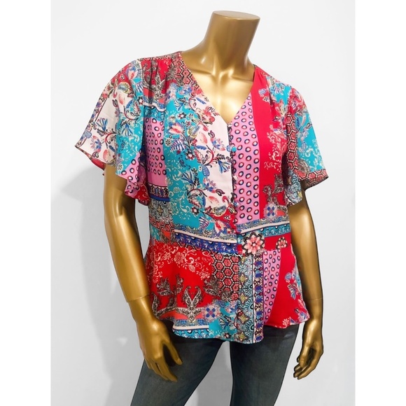 Chicos Patchwork Print Peplum Flutter Sleeve Top Blouse Size 0 US (4/6 Small) - Picture 4 of 7